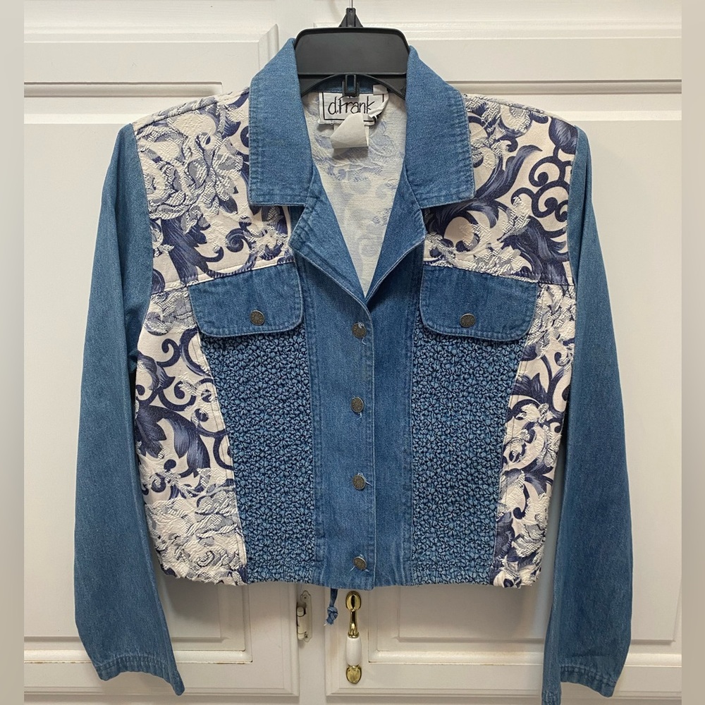 Vintage d.Frank Blue White Textured Scroll Print Denim Jacket Women Size 6
